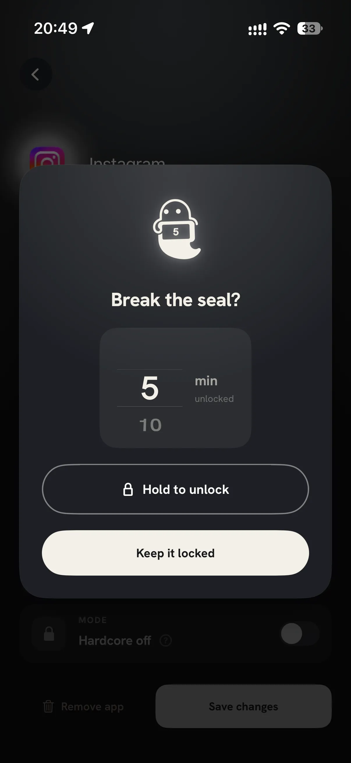 Break the seal: the ghost holds the locked screen while you pick 5 minutes, with Hold to unlock and Keep it locked