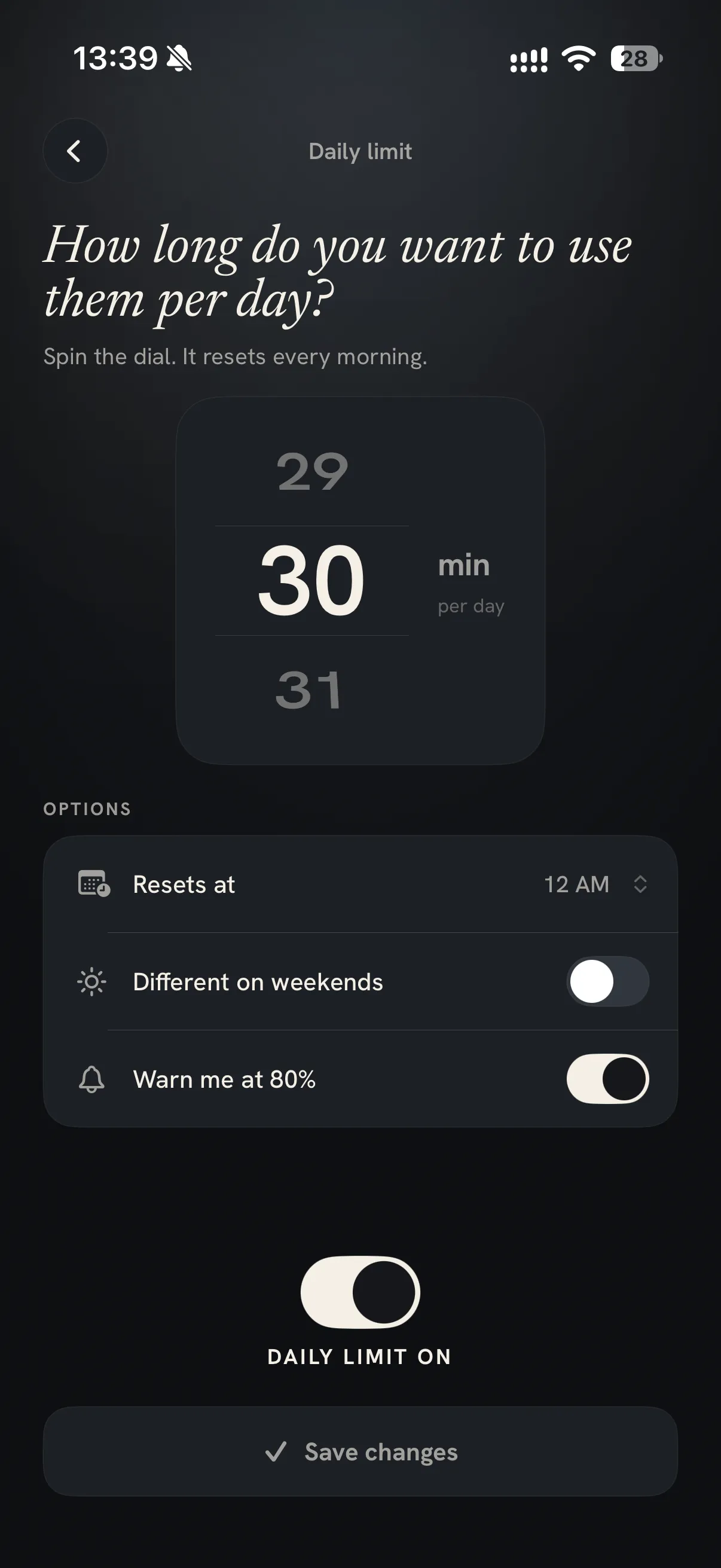 Daily limit picker set to 30 minutes a day, with a warning at 80 percent