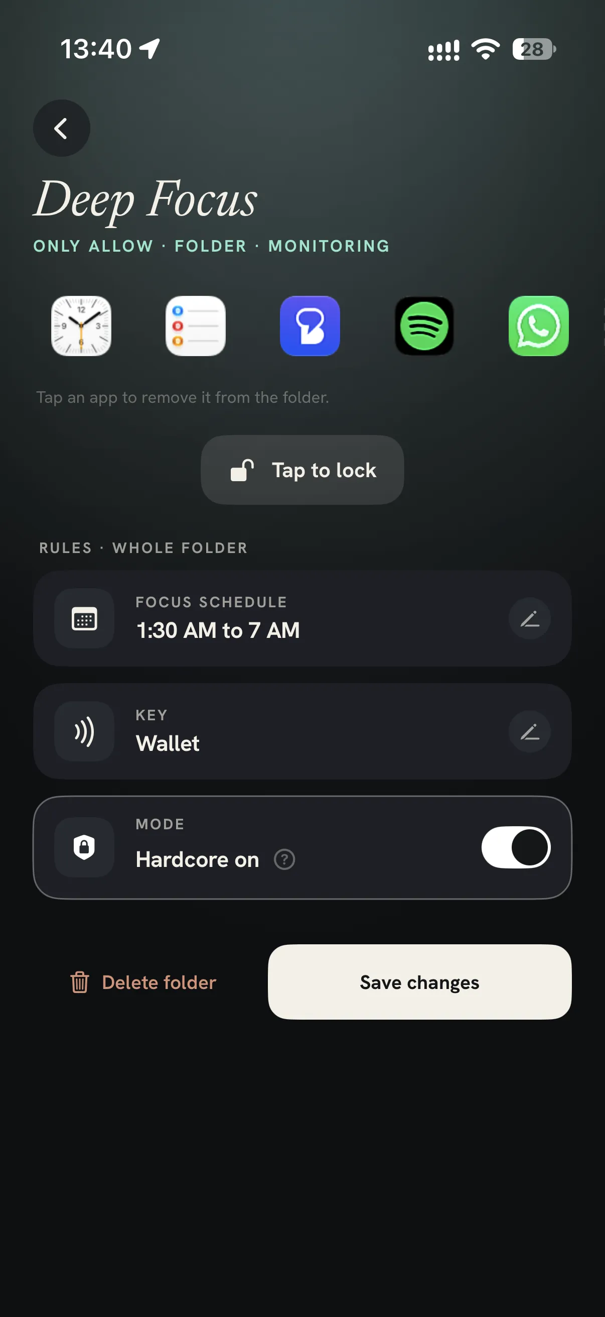 The Deep Focus folder settings with a focus schedule, the Wallet key, and Hardcore mode switched on