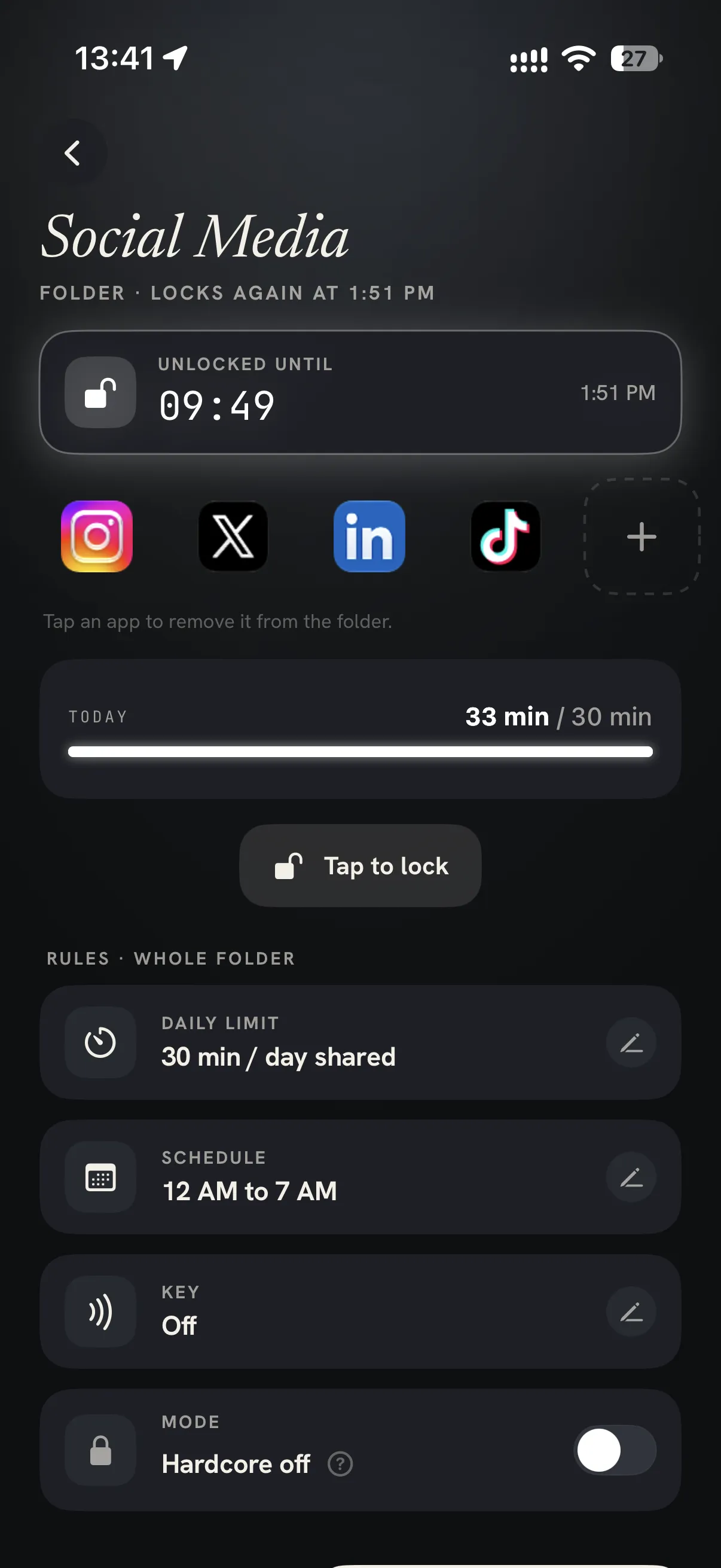 The Social Media folder with Instagram, X, LinkedIn and TikTok: unlocked for a few more minutes and locking again by itself at 1:51 PM, with a shared 30 minute daily limit and a schedule