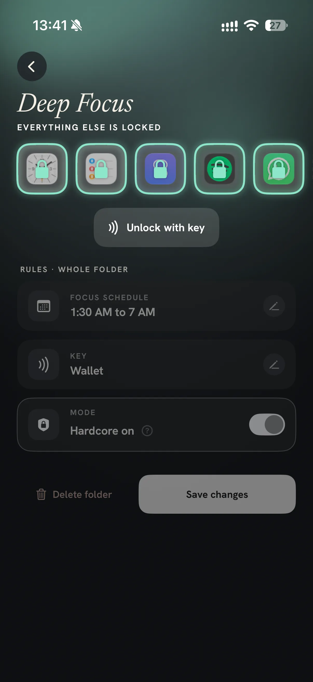 The Deep Focus folder in Only allow, locked: everything else is locked and its five allowed apps glow mint, with a focus schedule and an Unlock with key button