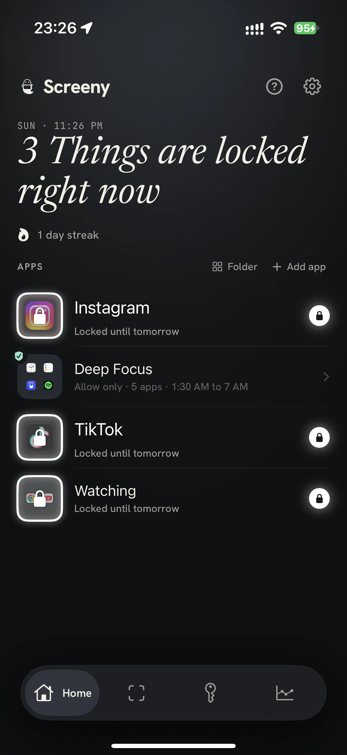 Screeny home screen: three things are locked right now. Instagram, TikTok and the Watching folder sit under a white lock, with the Deep Focus folder in Only allow