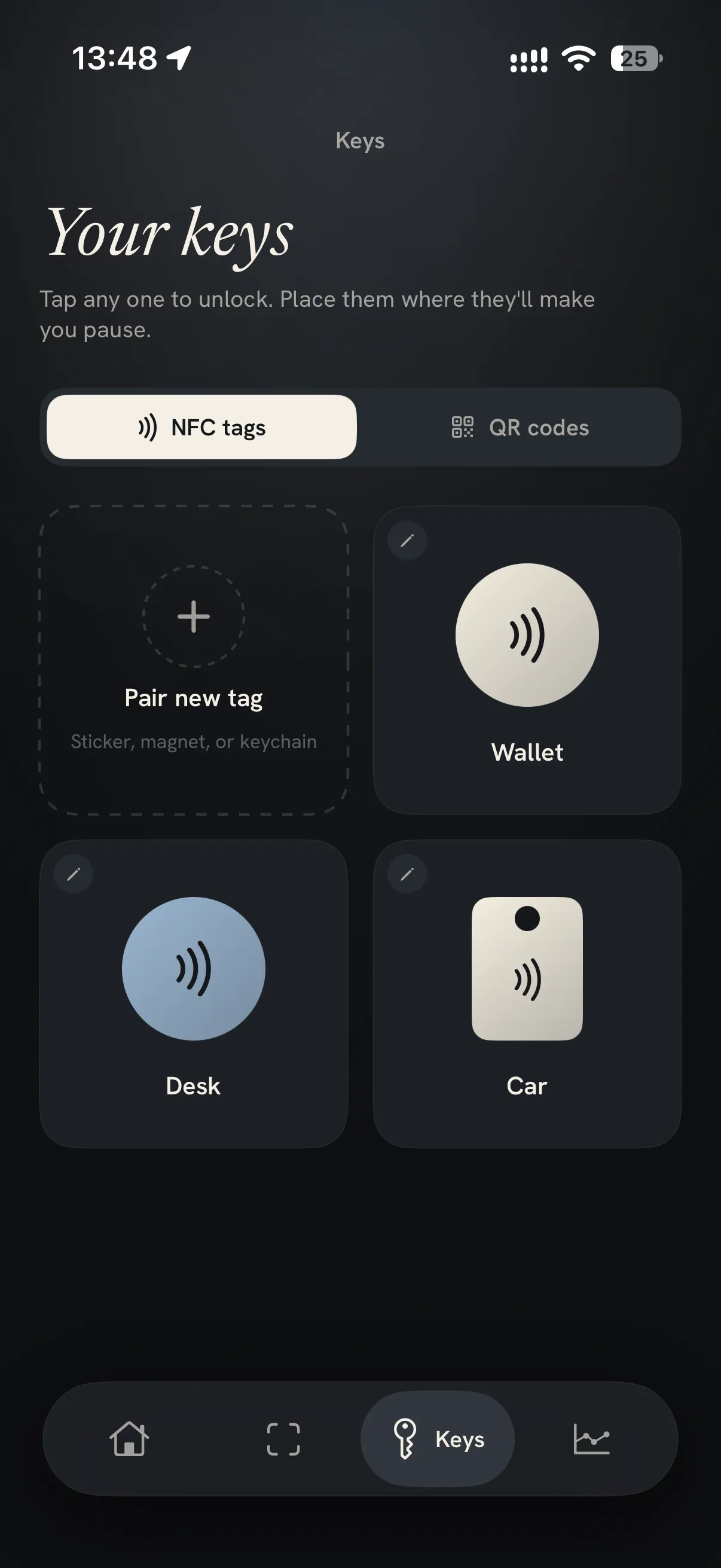 Your keys: three paired NFC tags named Wallet, Desk and Car, and a tile to pair a new tag
